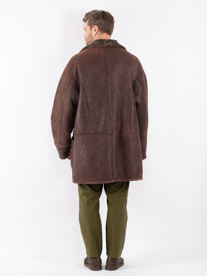 Vintage Men Sheepskin Shearling Coat in Brown