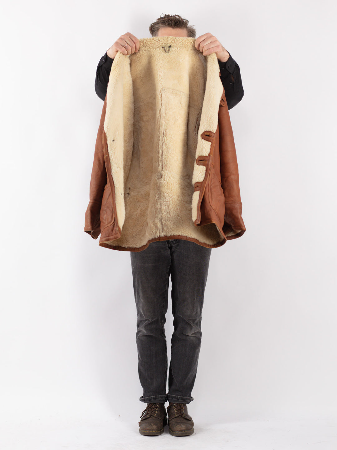 Vintage 80's Men Sheepskin Shearling Coat in Brown