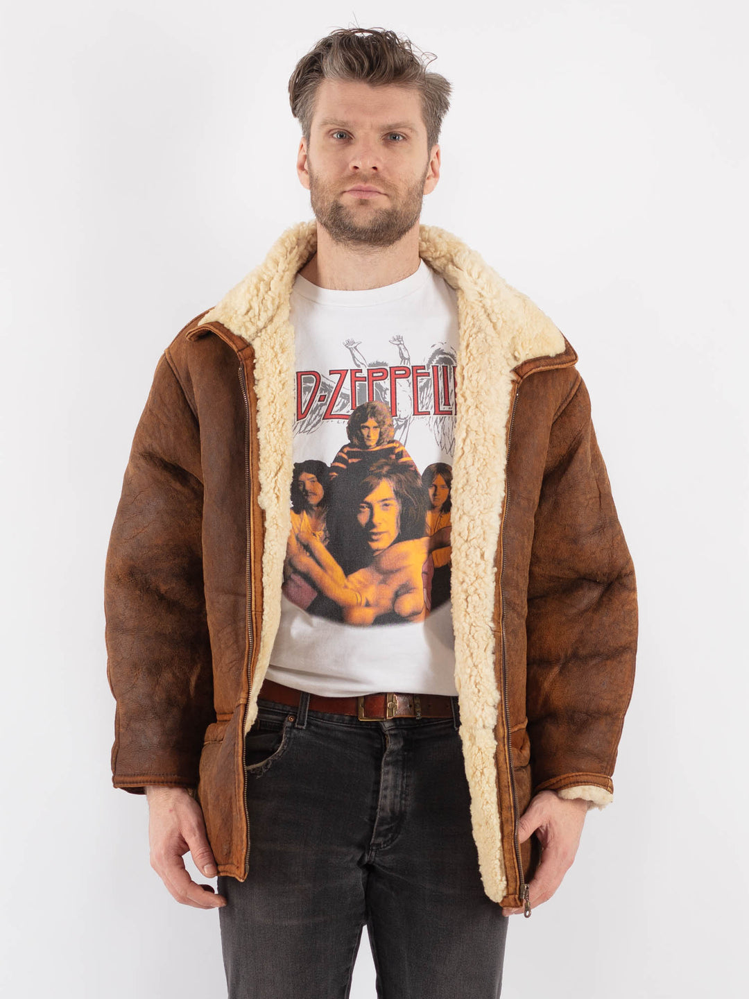Vintage 80's Men Sheepskin Shearling Coat in BrownZ586