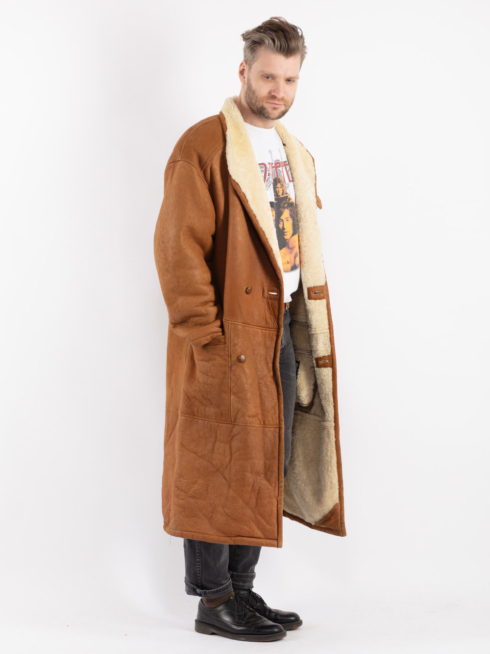 Vintage 80's Men Sheepskin Coat in Brown