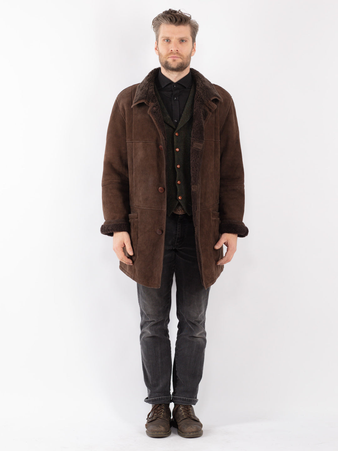 Vintage 80's Men Sheepskin Coat in Brown