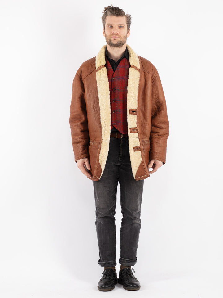Vintage 80's Men Sheepskin Shearling Coat in Brown