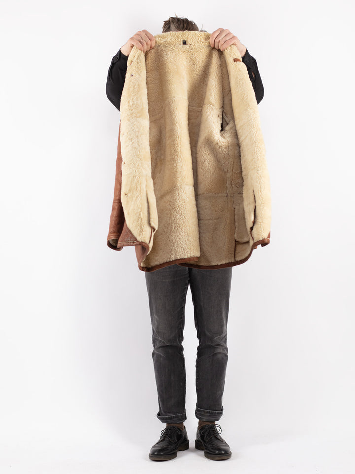 Vintage 80's Men Sheepskin Shearling Coat in Brown