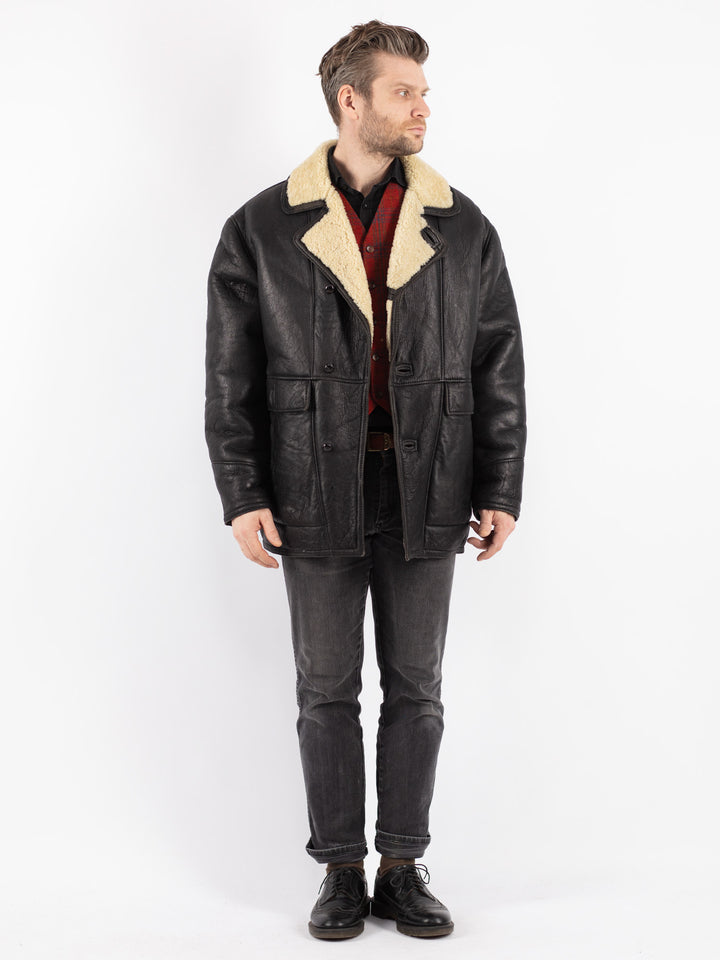 Vintage 80's Men Sheepskin Shearling Coat in Black
