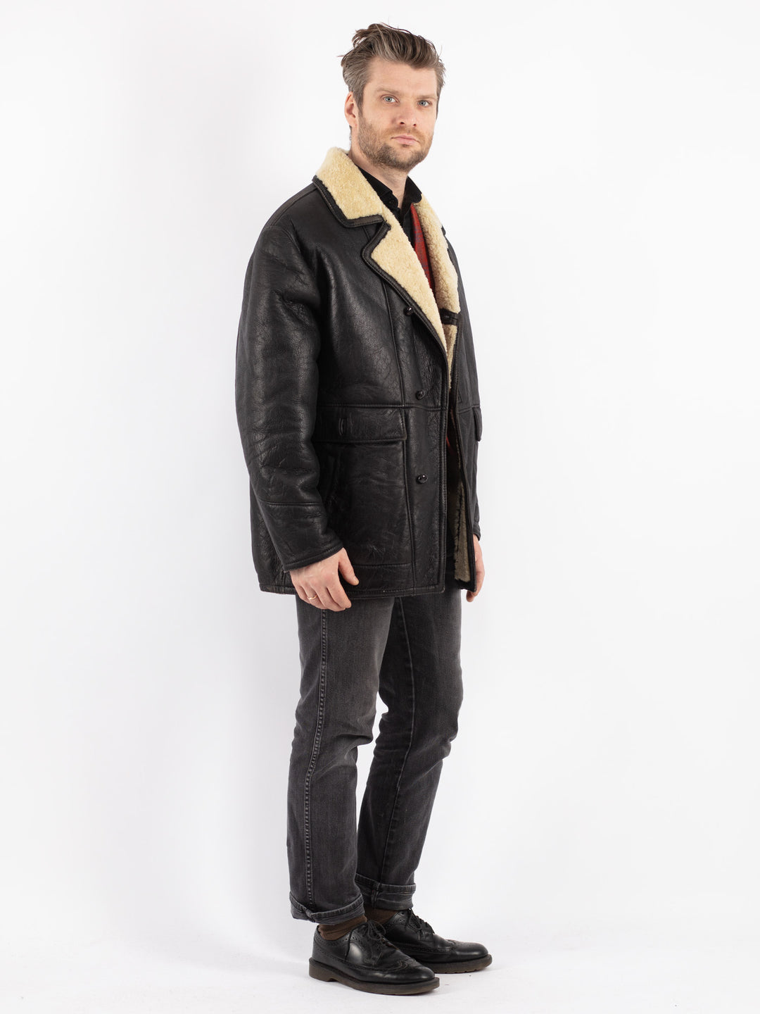 Vintage 80's Men Sheepskin Shearling Coat in Black