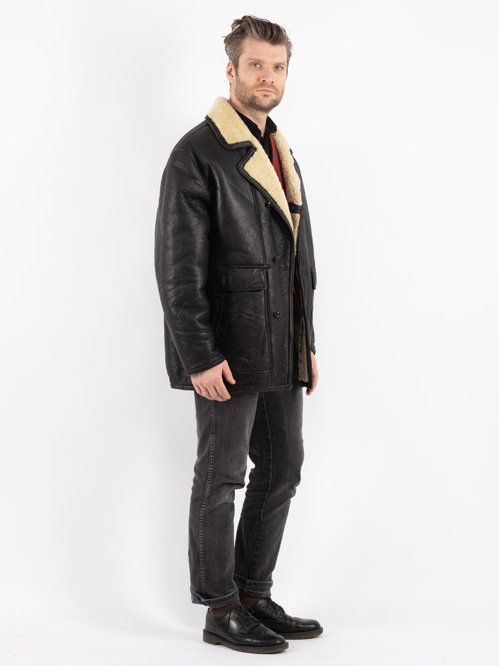 Vintage 80's Men Sheepskin Shearling Coat in Black
