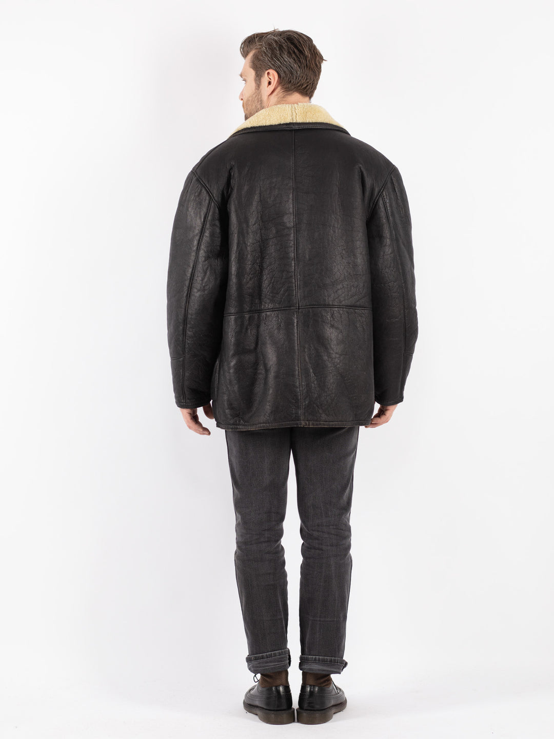 Vintage 80's Men Sheepskin Shearling Coat in Black