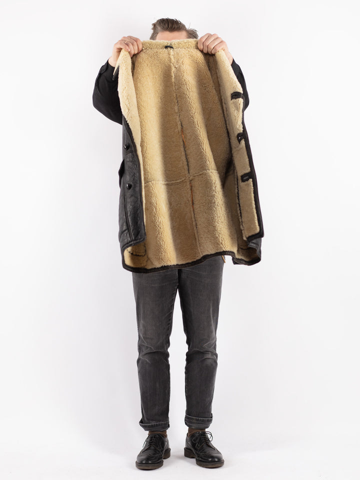 Vintage 80's Men Sheepskin Shearling Coat in Black