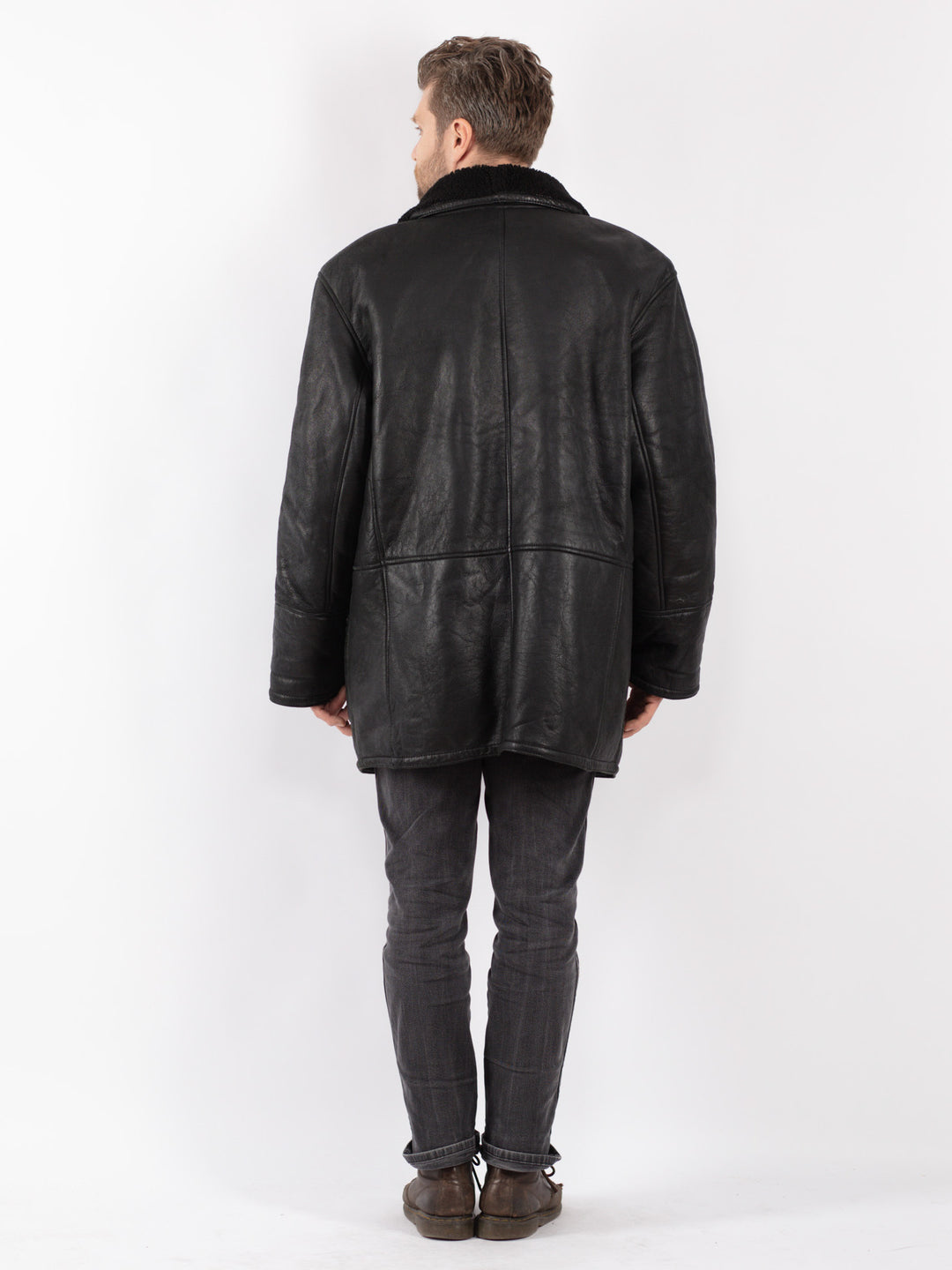 Vintage 80's Men Sheepskin Coat in Black