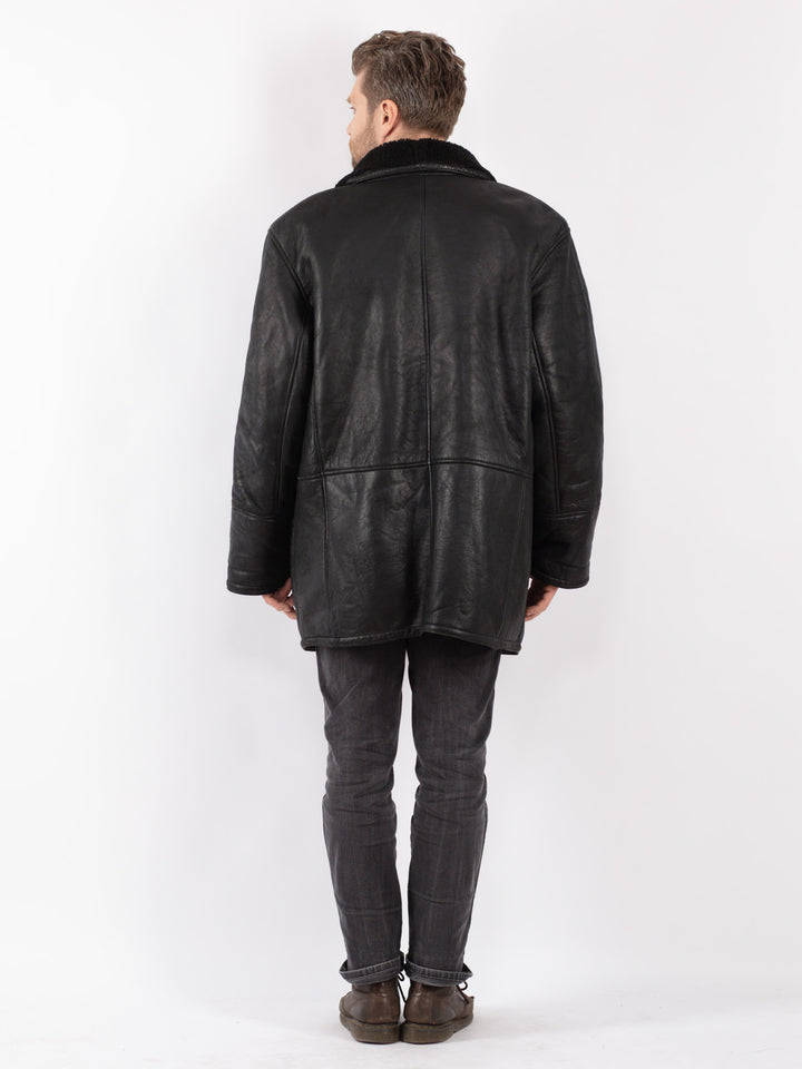 Vintage 80's Men Sheepskin Coat in Black
