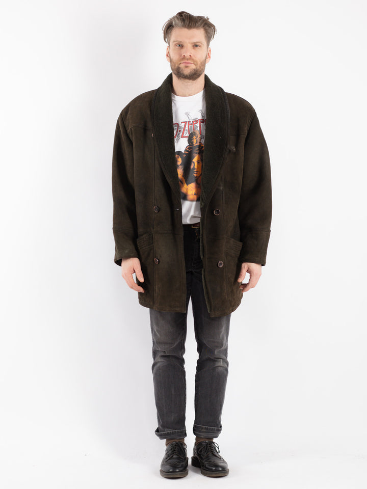 Vintage 80's Men Sheepskin Shearling Coat in Green