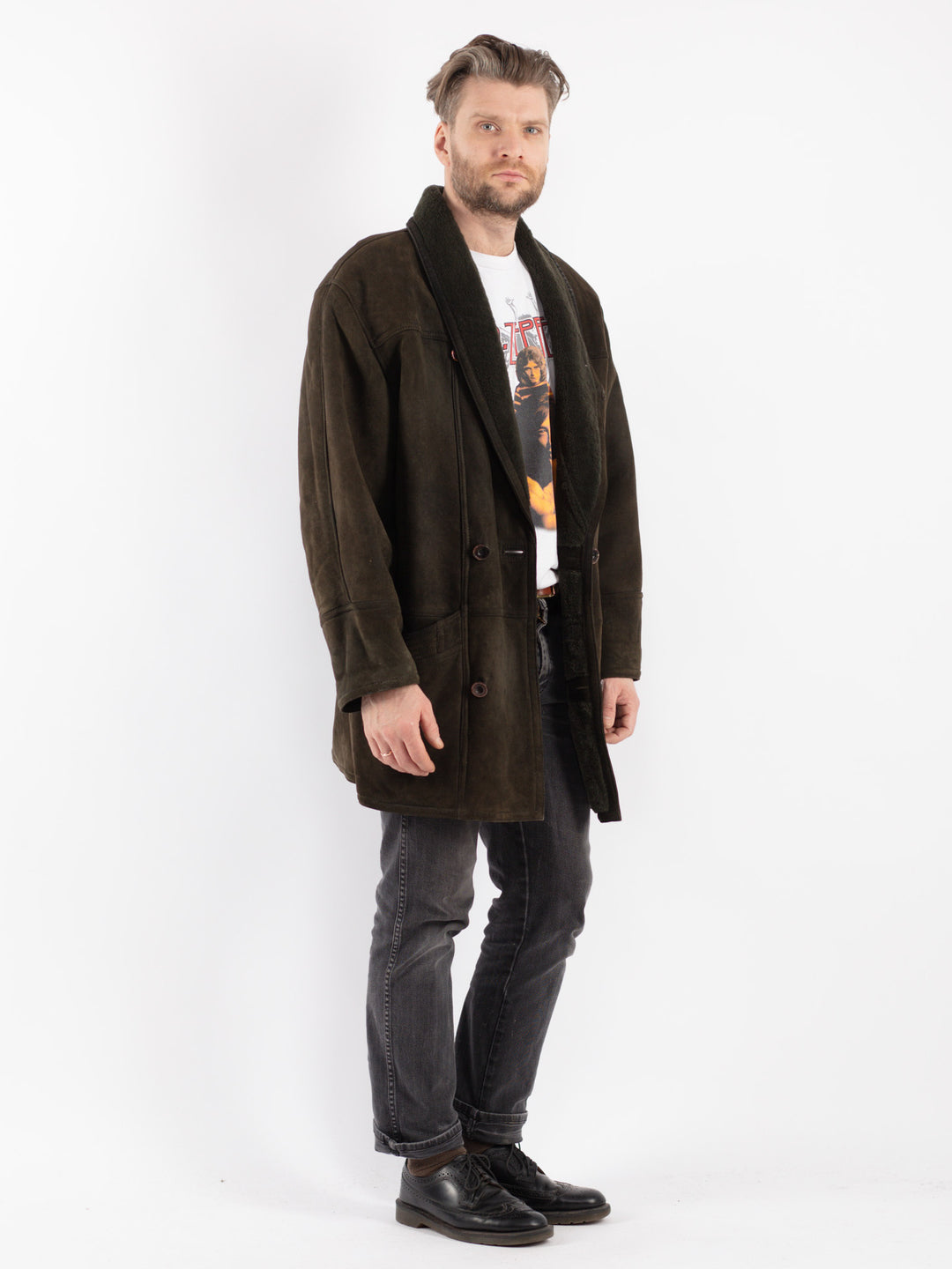 Vintage 80's Men Sheepskin Shearling Coat in Green