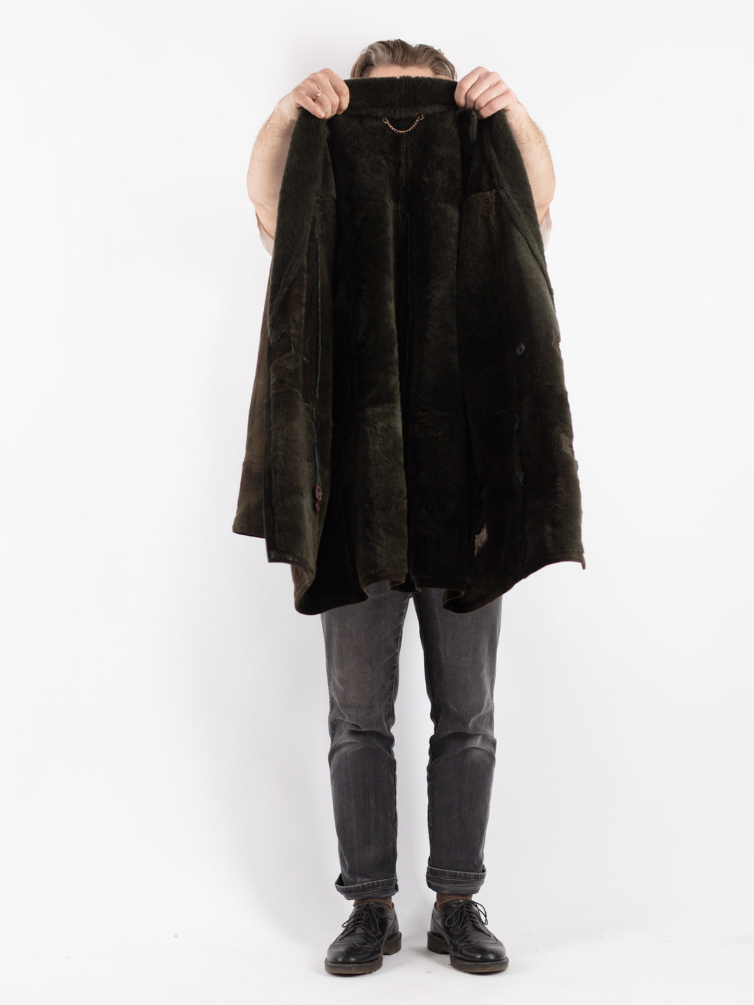 Vintage 80's Men Sheepskin Shearling Coat in Green