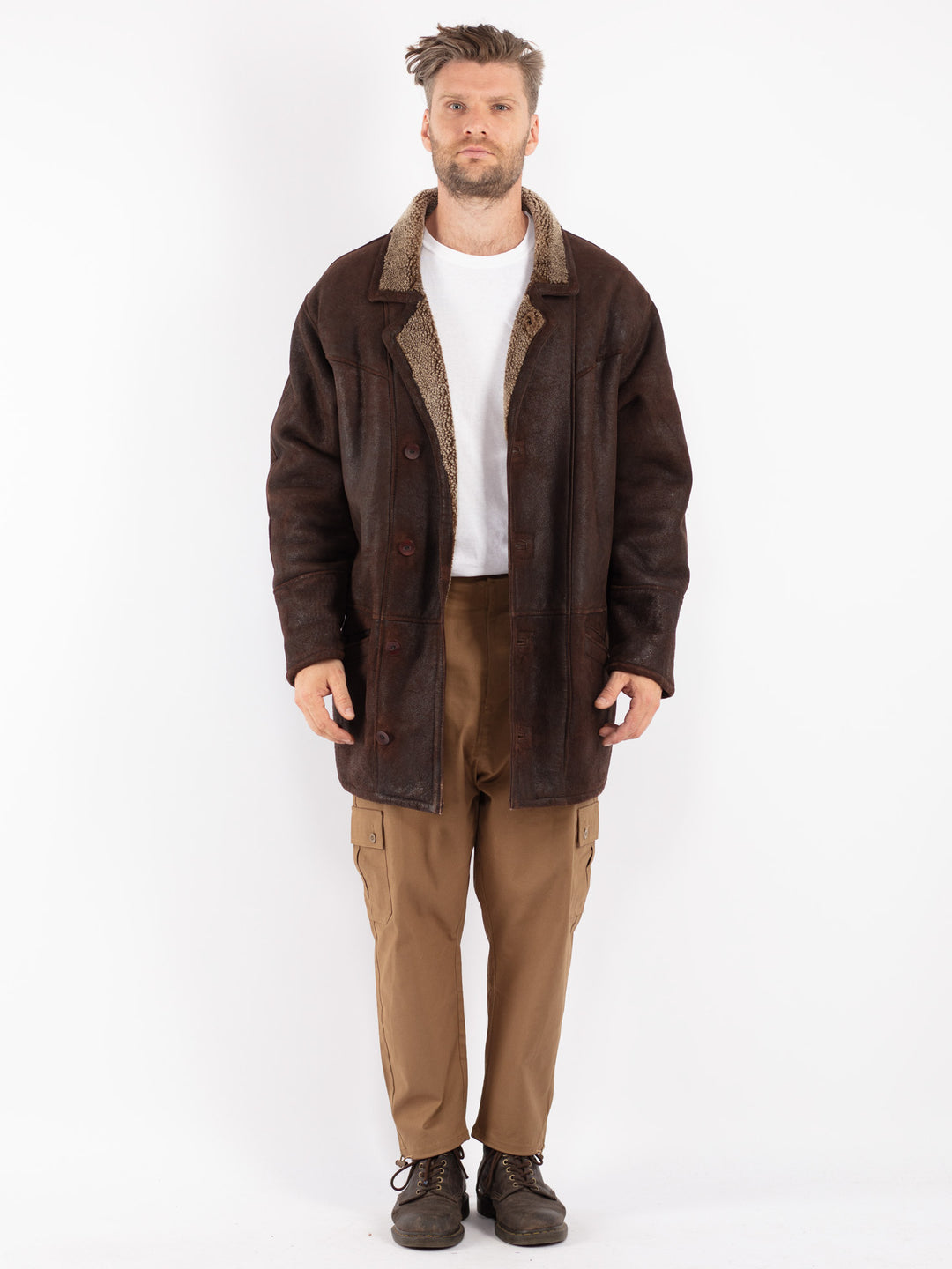 Vintage 80's Men Sheepskin Coat in Brown