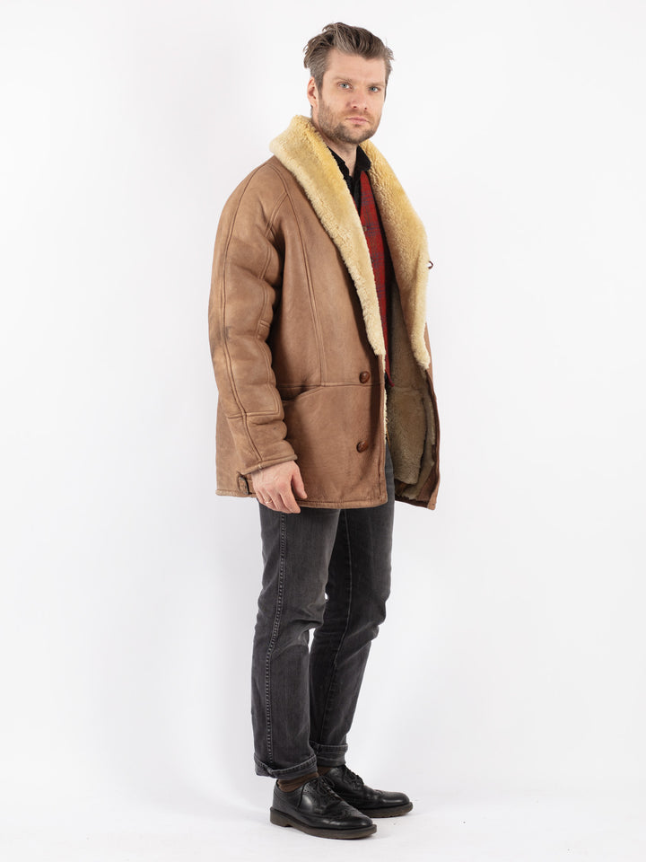 Vintage 80's Men Sheepskin Shearling Coat in Beige