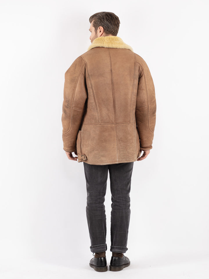 Vintage 80's Men Sheepskin Shearling Coat in Beige