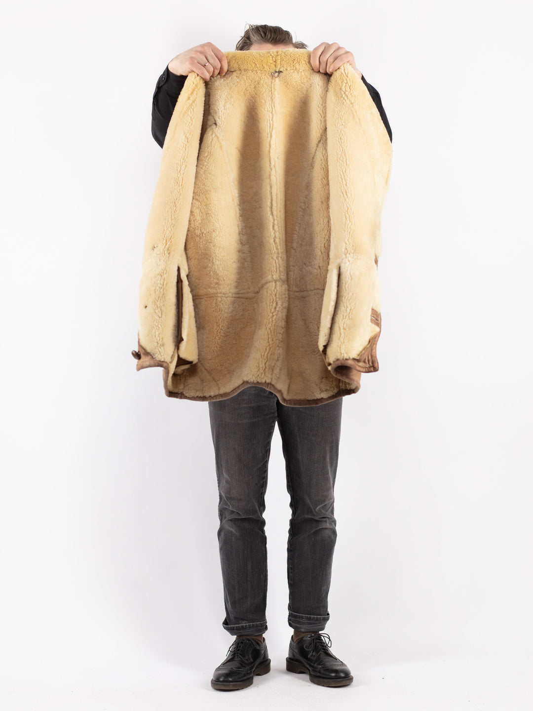 Vintage 80's Men Sheepskin Shearling Coat in Beige
