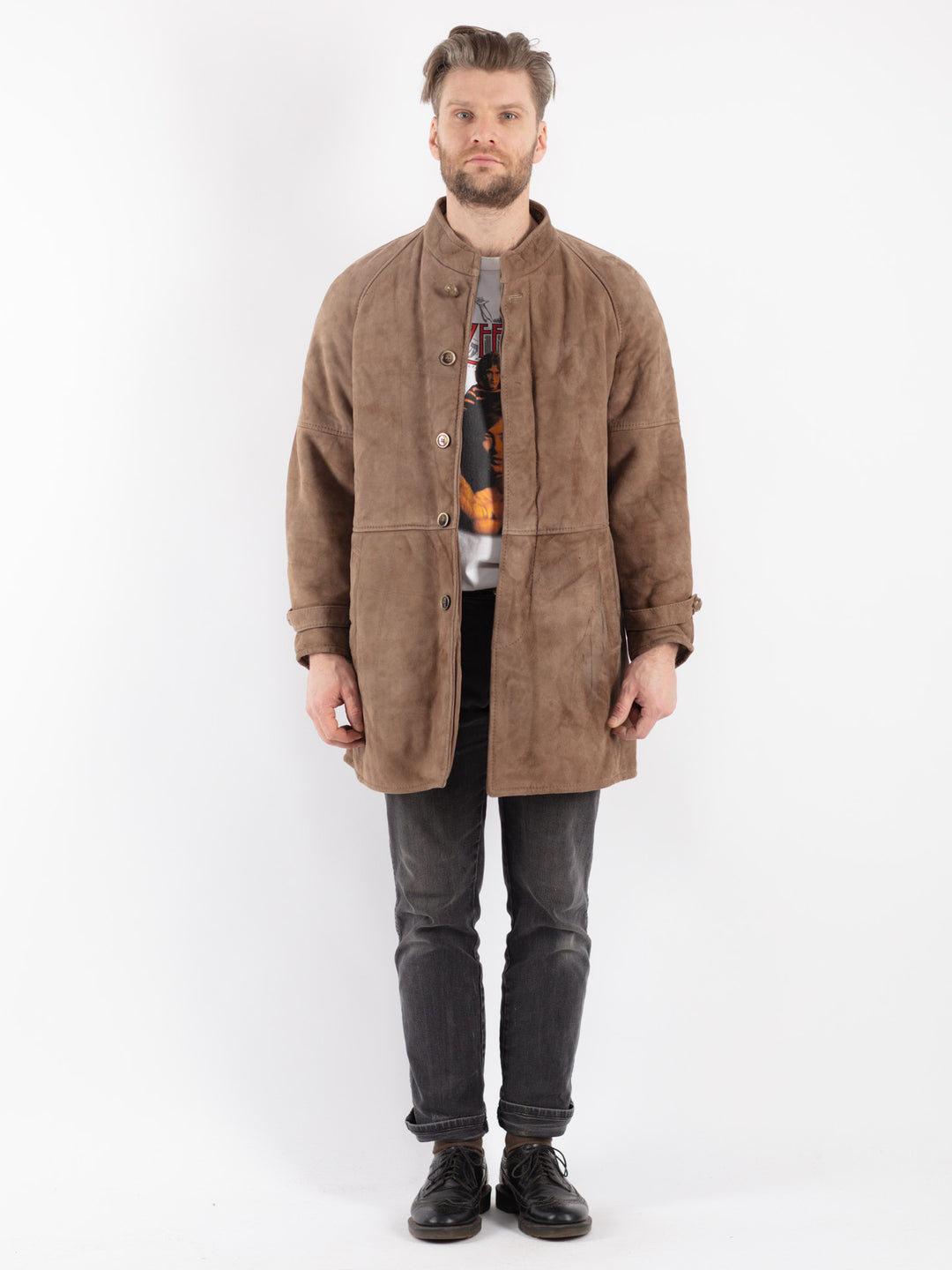 Vintage 80's Men Sheepskin Shearling Coat in Beige