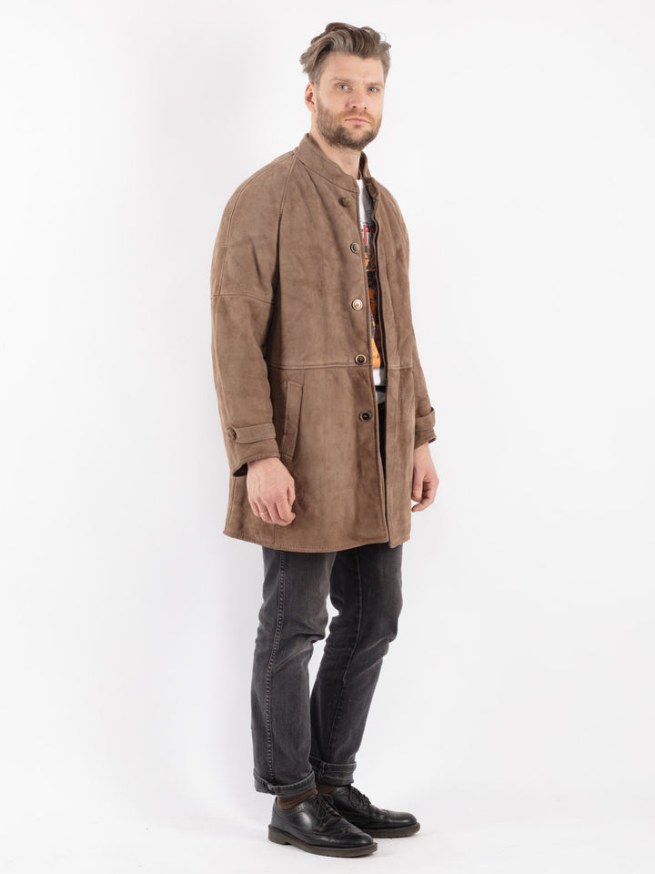 Vintage 80's Men Sheepskin Shearling Coat in Beige