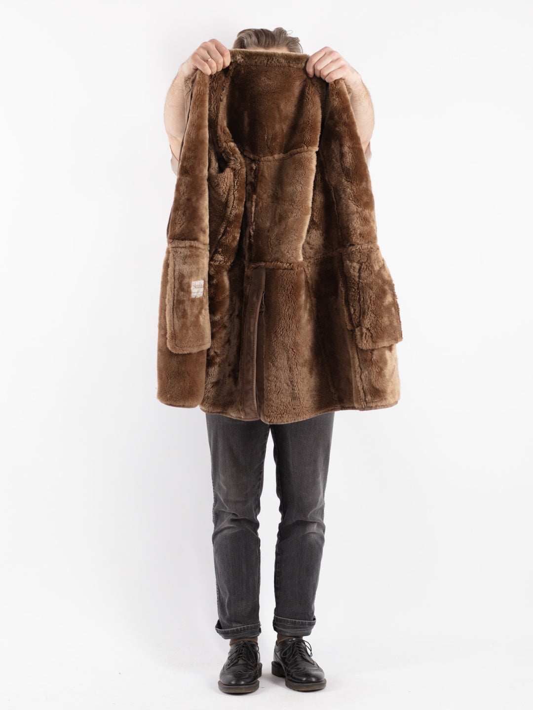 Vintage 80's Men Sheepskin Shearling Coat in Beige