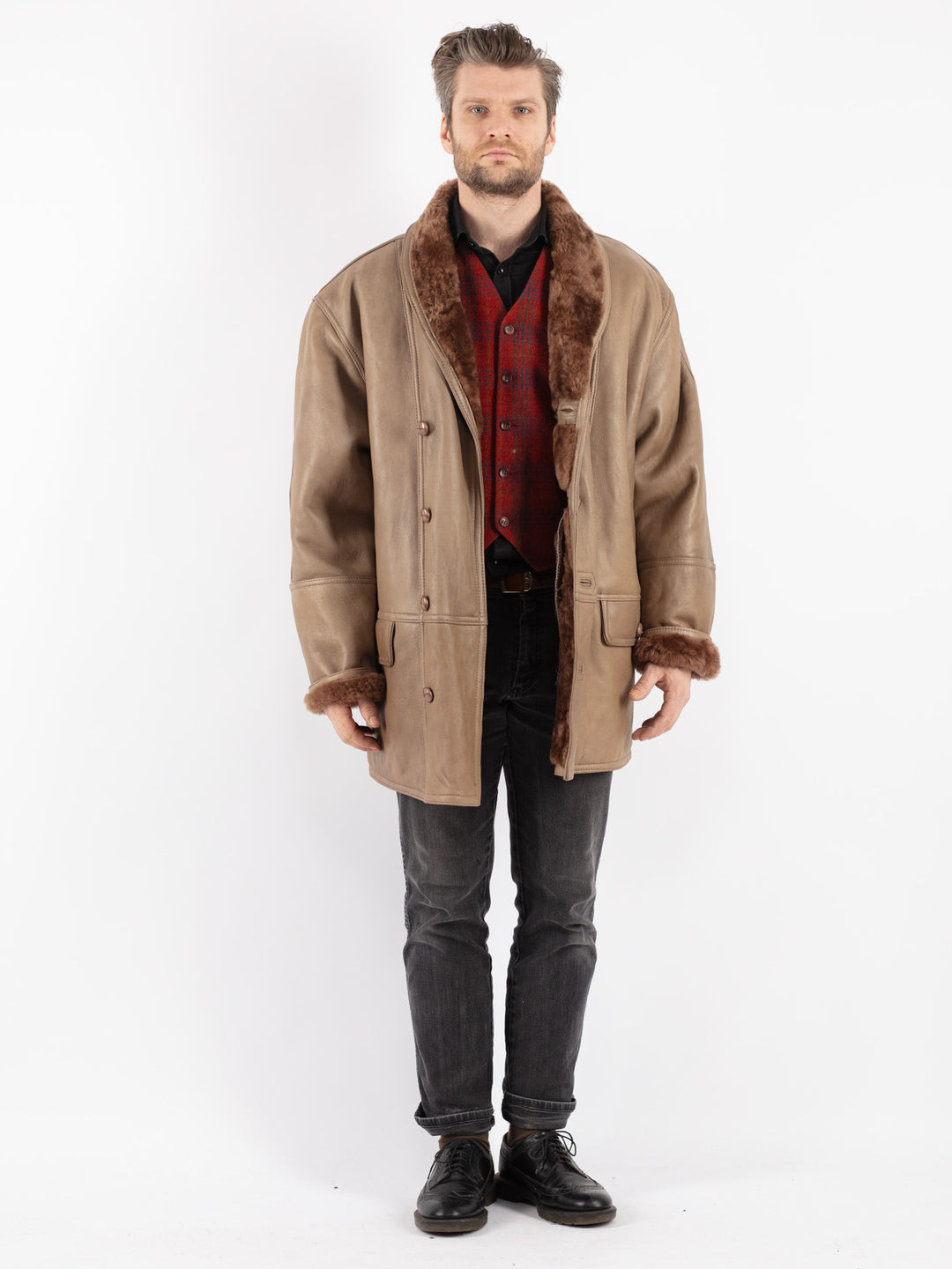 Vintage 80's Men Sheepskin Shearling Coat in Beige