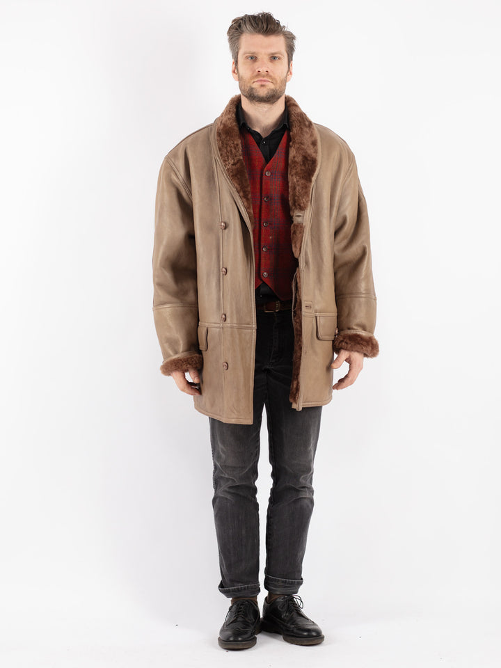 Vintage 80's Men Sheepskin Shearling Coat in Beige