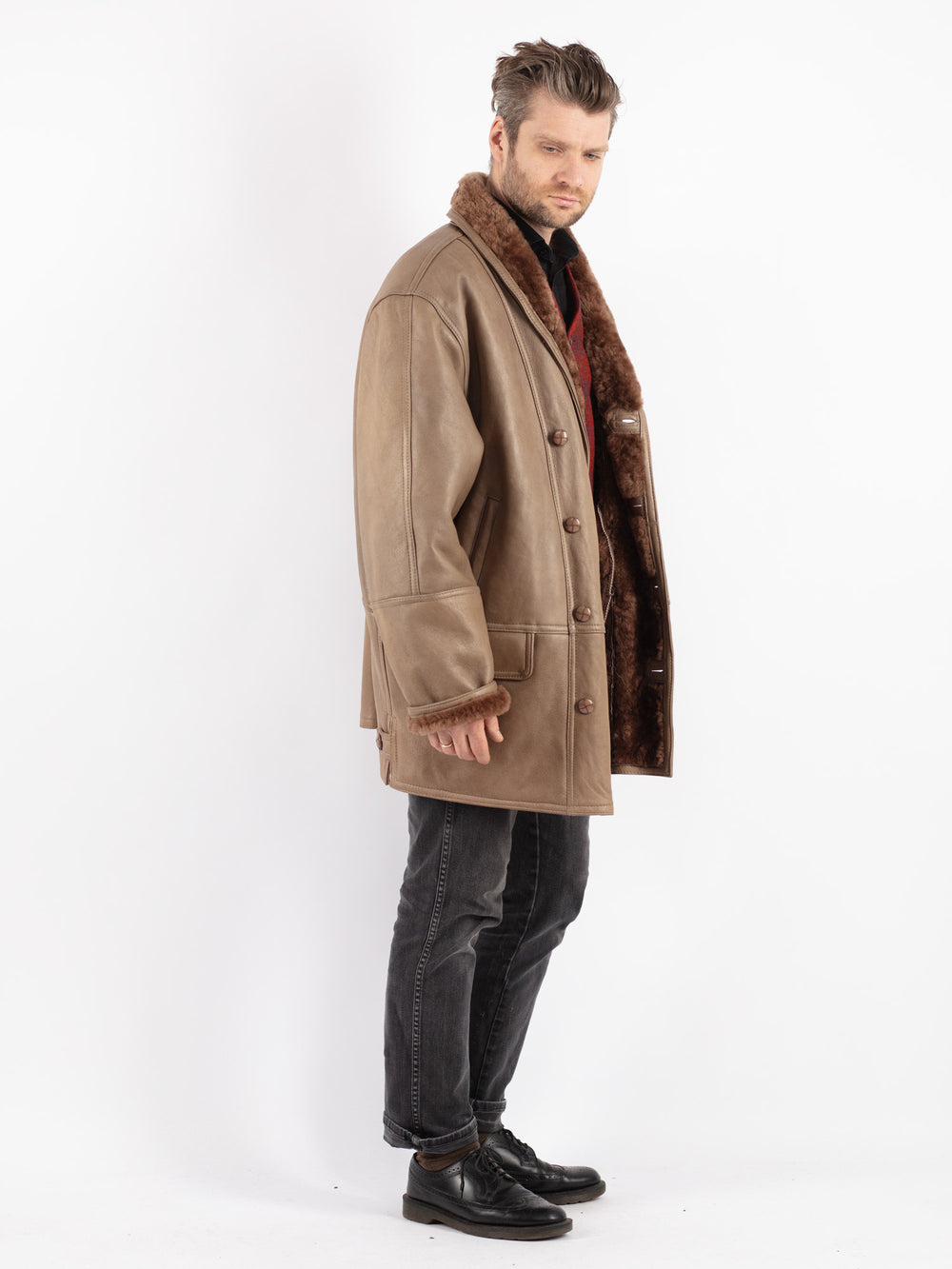 Vintage 80's Men Sheepskin Shearling Coat in Beige