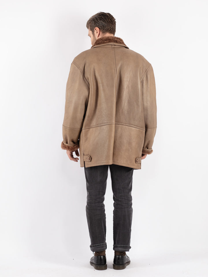 Vintage 80's Men Sheepskin Shearling Coat in Beige
