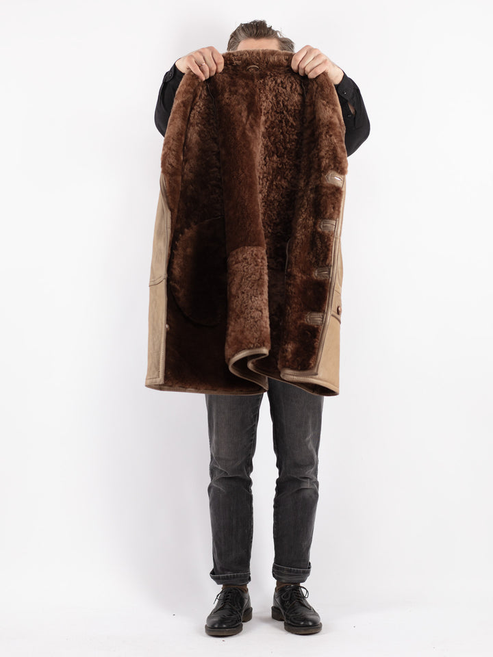 Vintage 80's Men Sheepskin Shearling Coat in Beige