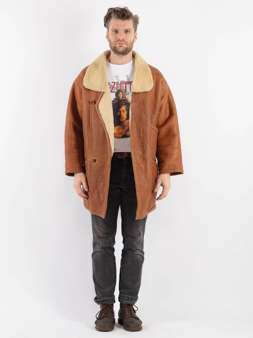 Vintage Men Sheepskin Coat in Brown