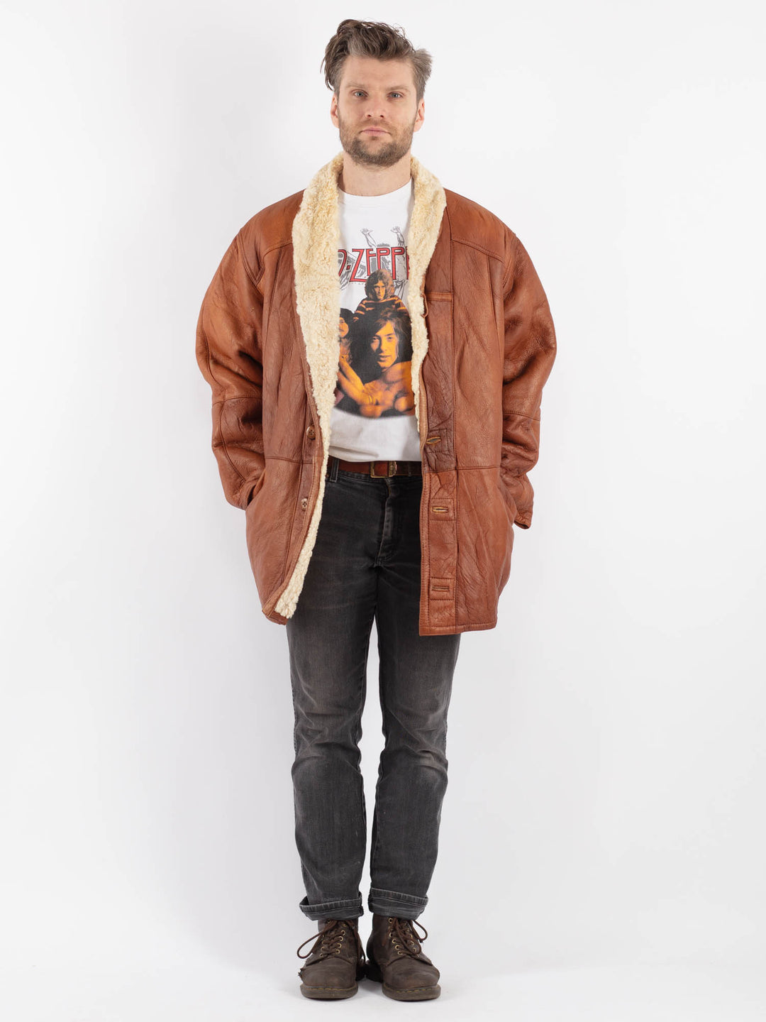 Vintage 80's Men Sheepskin Shearling Coat in BrownZ626