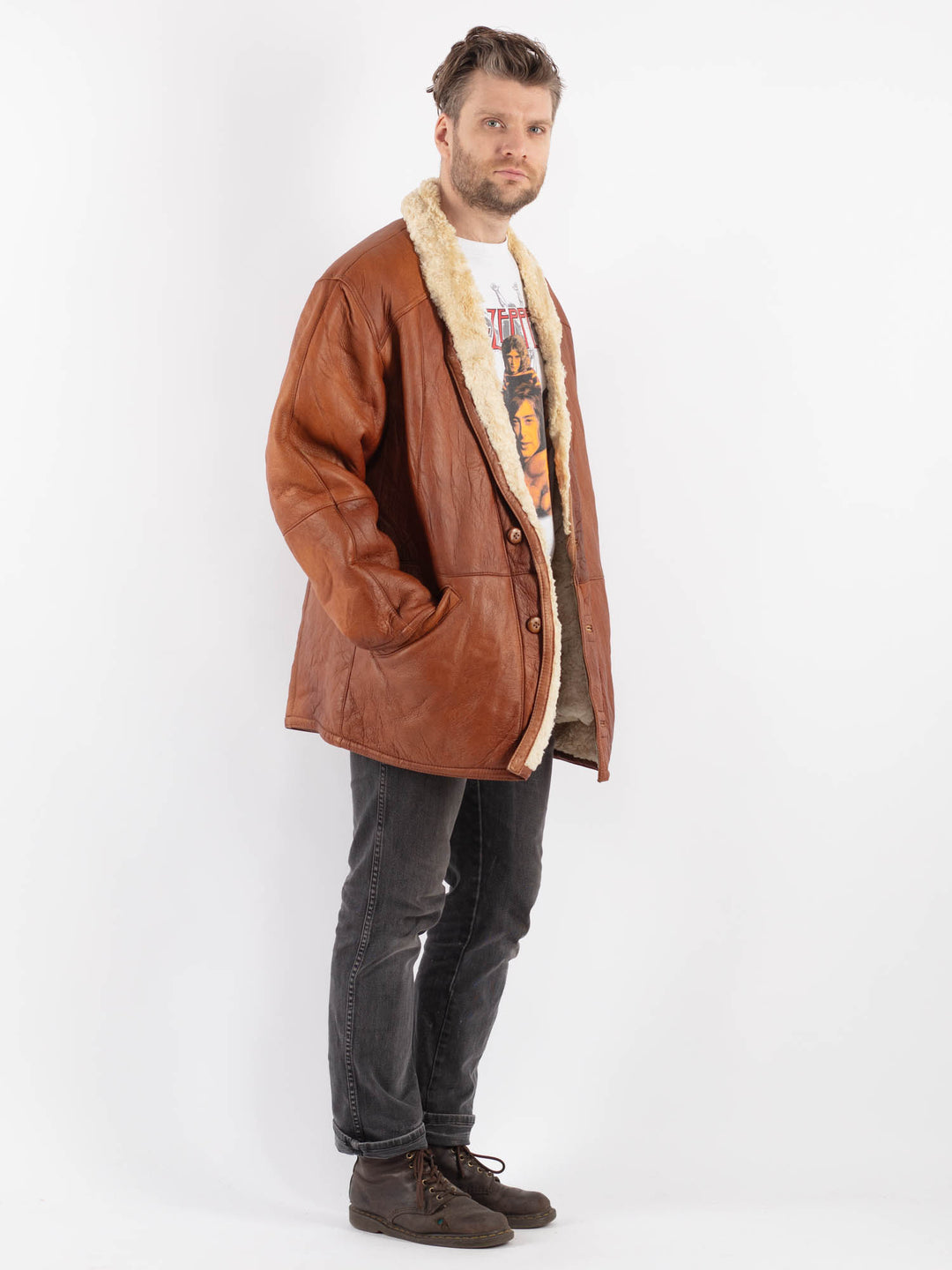 Vintage 80's Men Sheepskin Shearling Coat in BrownZ626