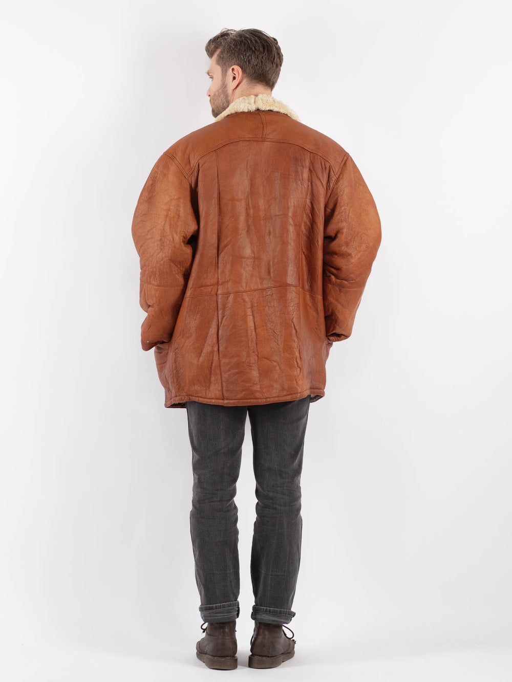 Vintage 80's Men Sheepskin Shearling Coat in BrownZ626