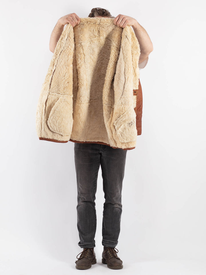 Vintage 80's Men Sheepskin Shearling Coat in BrownZ626