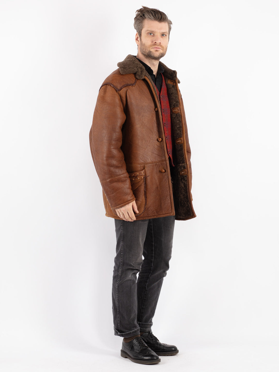 Vintage 80's Men Sheepskin Shearling Coat in Brown
