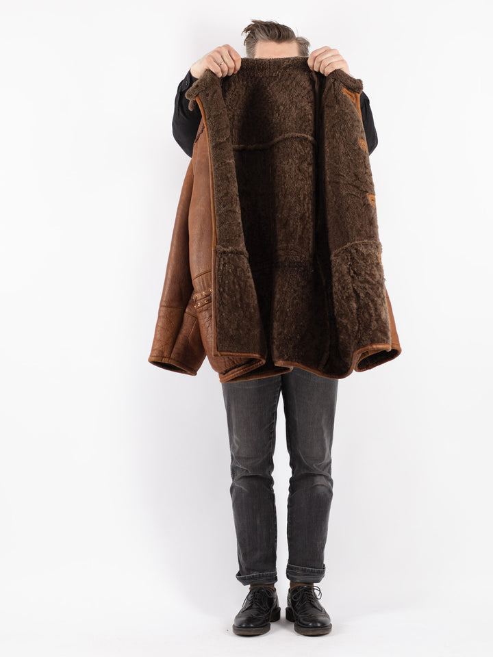 Vintage 80's Men Sheepskin Shearling Coat in Brown