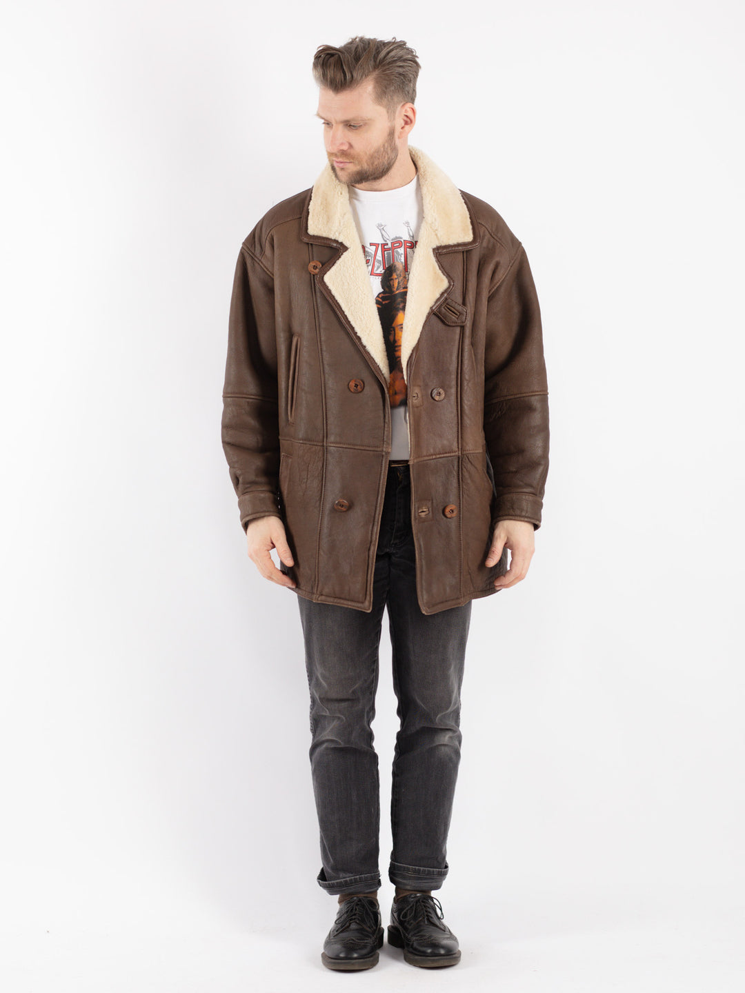 Vintage 80's Men Sheepskin Coat in Brown