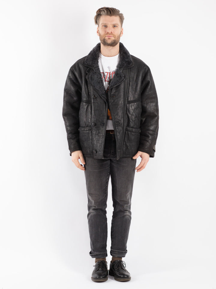 Vintage 80's Men Sheepskin Shearling Jacket in Gray