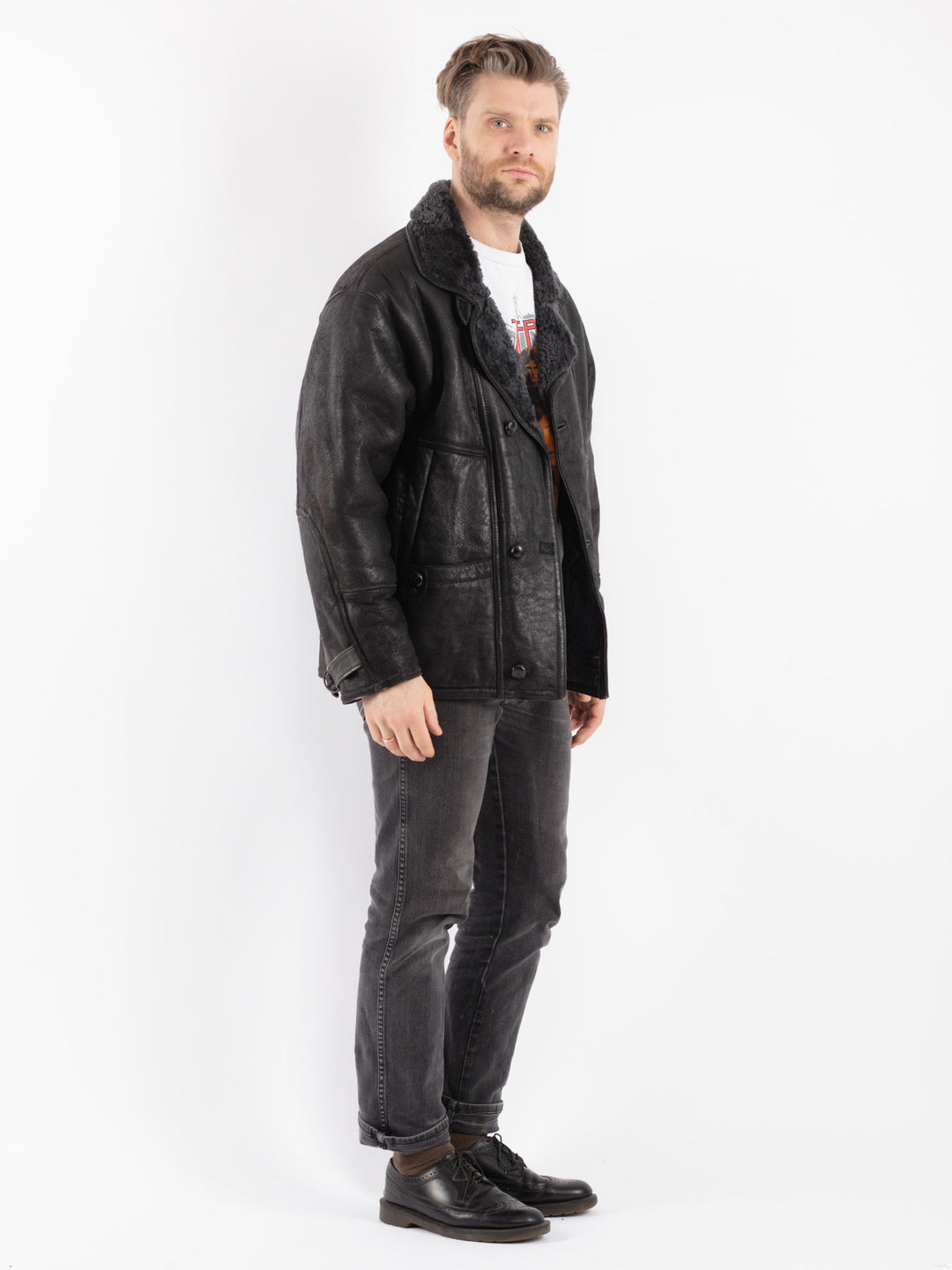 Vintage 80's Men Sheepskin Shearling Jacket in Gray