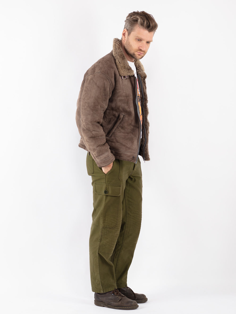 Vintage Men Sheepskin Jacket in Beige