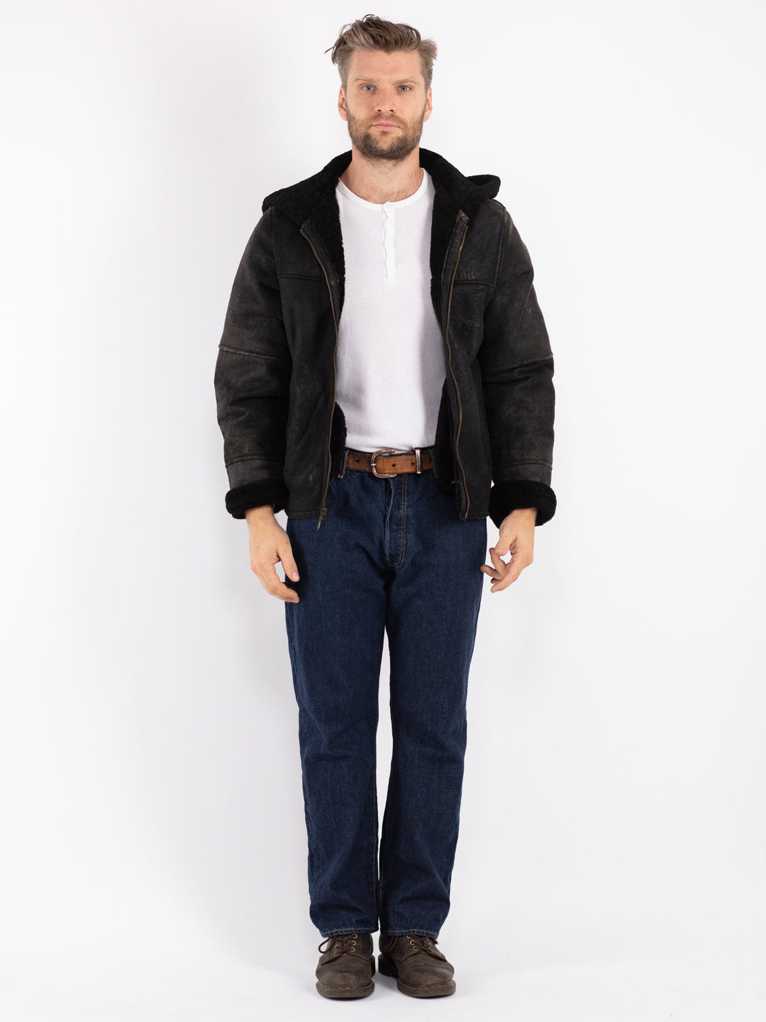 Vintage 80's Men Sheepskin Shearling Jacket in Black