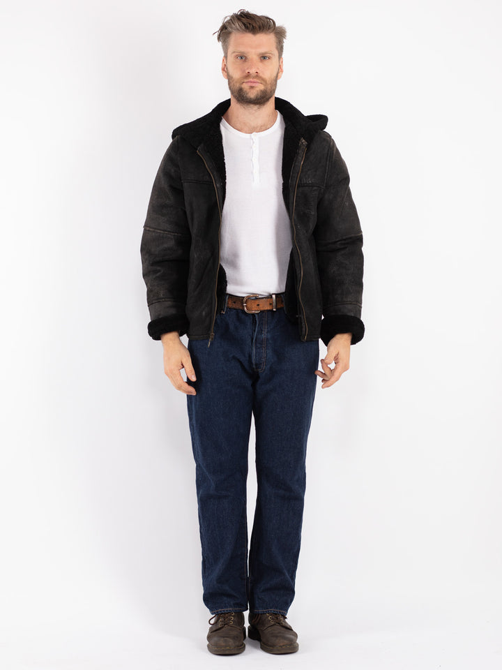 Vintage 80's Men Sheepskin Shearling Jacket in Black