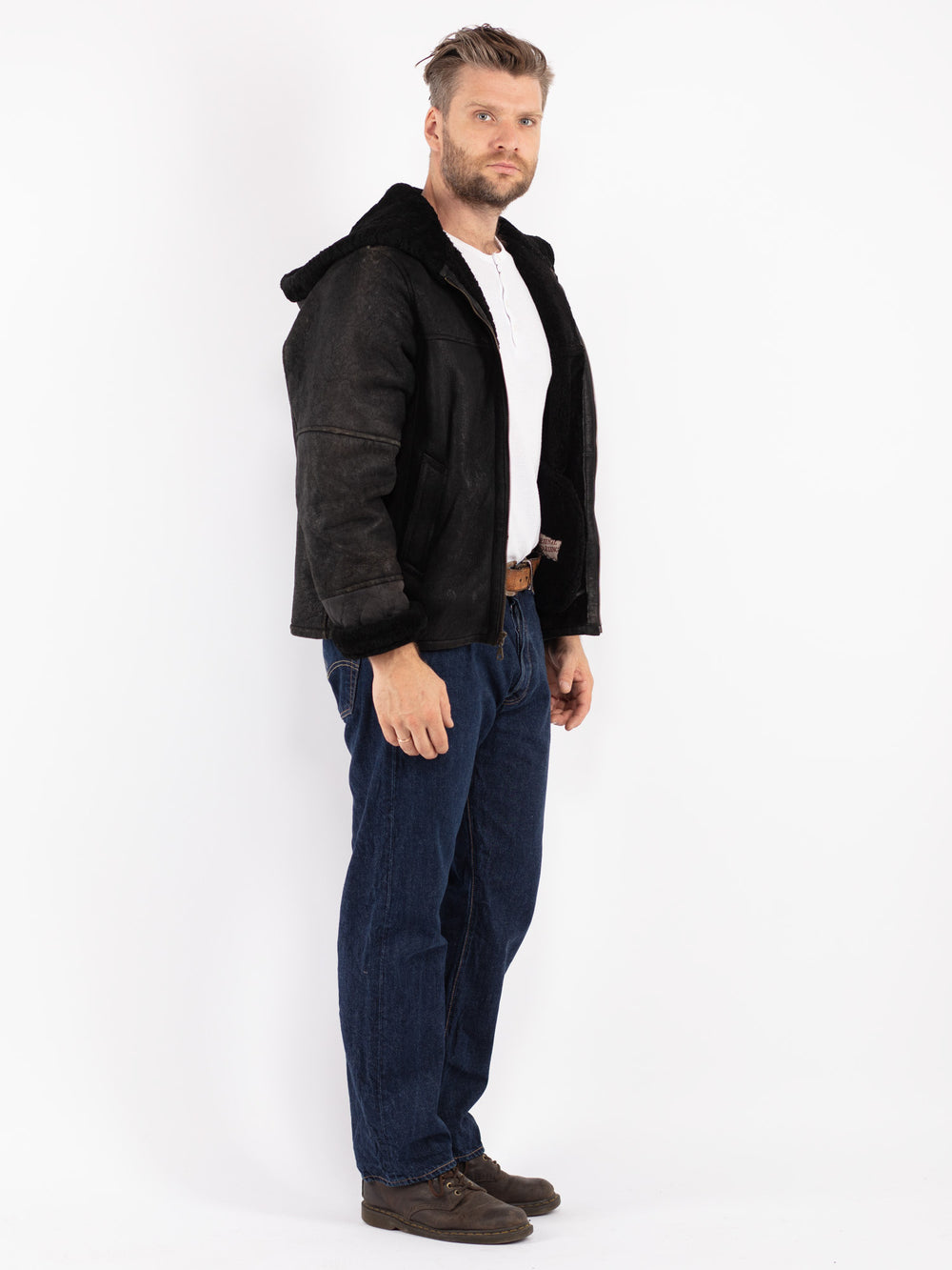 Vintage 80's Men Sheepskin Shearling Jacket in Black