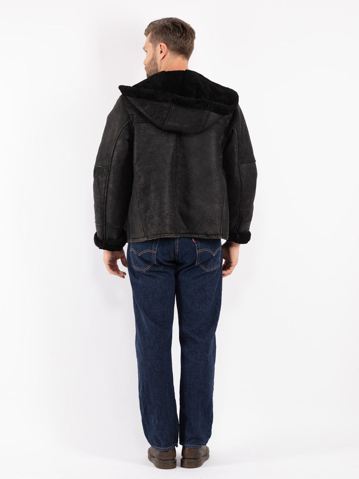 Vintage 80's Men Sheepskin Shearling Jacket in Black