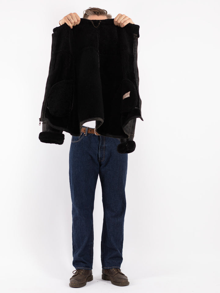 Vintage 80's Men Sheepskin Shearling Jacket in Black