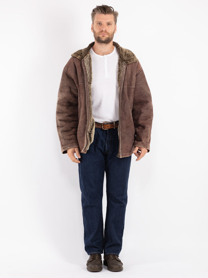 Vintage 80's Men Sheepskin Shearling Jacket in Brown