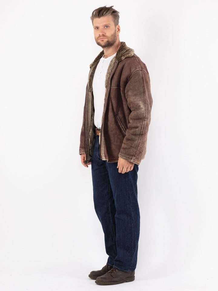 Vintage 80's Men Sheepskin Shearling Jacket in Brown