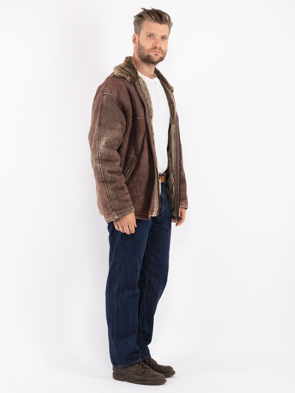 Vintage 80's Men Sheepskin Shearling Jacket in Brown