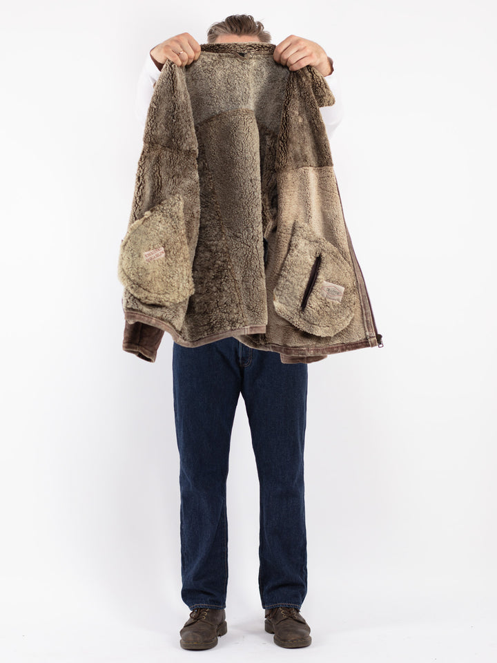Vintage 80's Men Sheepskin Shearling Jacket in Brown