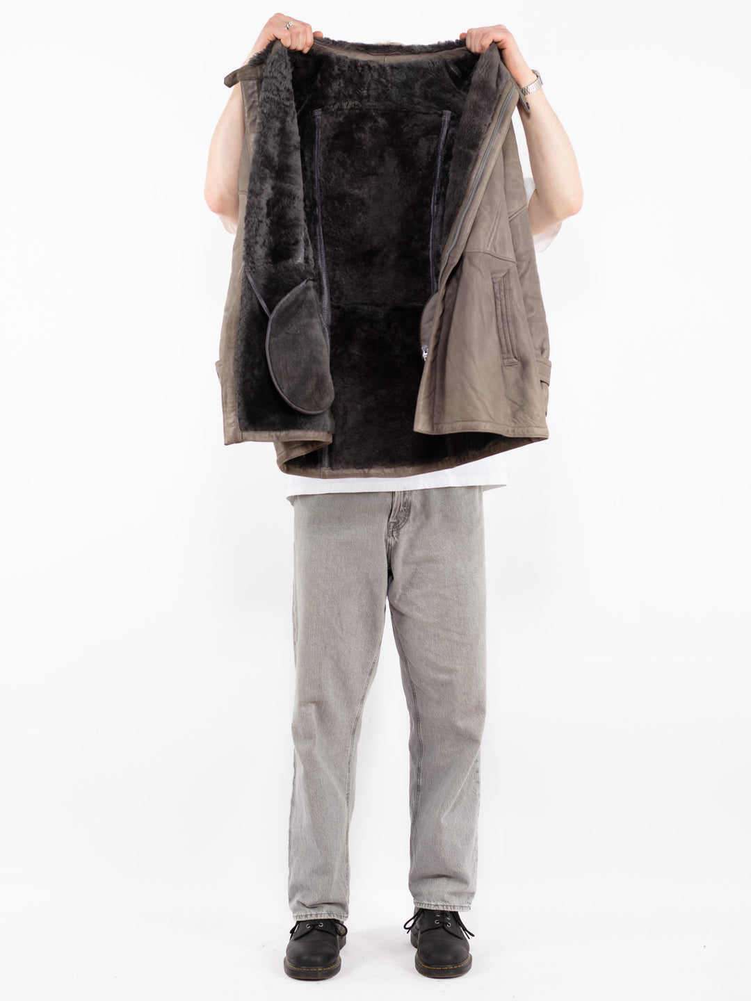 Vintage 80's Men Sheepskin Jacket in Gray